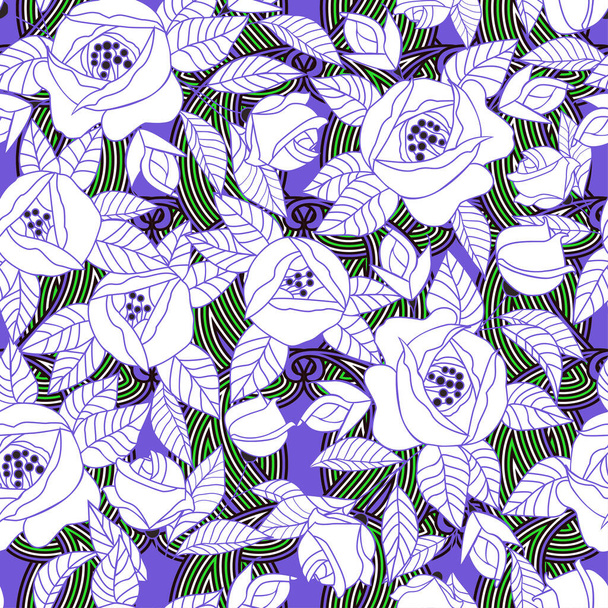 Abstract flowers on a violet-green background. White rosebuds with leaves. Seamless vector pattern. - Vektori, kuva