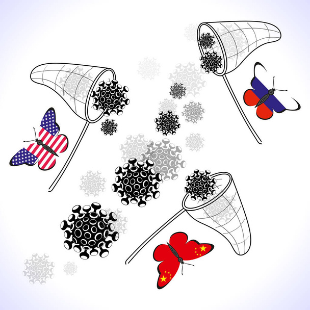 The USA, China and Russia are fighting the virus. Butterflies with flags on their wings. - Вектор,изображение
