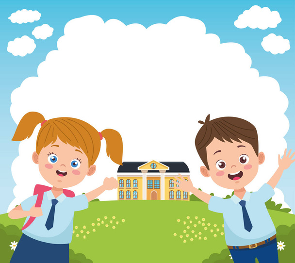 little students couple with uniforms in the school characters - Vector, Image