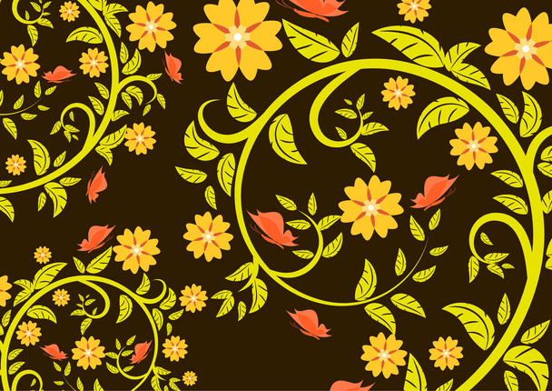 Bright floral ornament with butterflies on a dark background .Vector illustration. - Vector, imagen