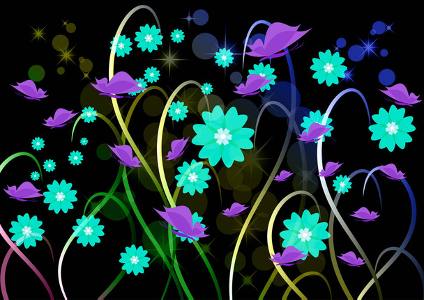 Luminoso ornamento floreale con farfalle su uno sfondo scuro. Illustrazione vettoriale. - Vettoriali, immagini