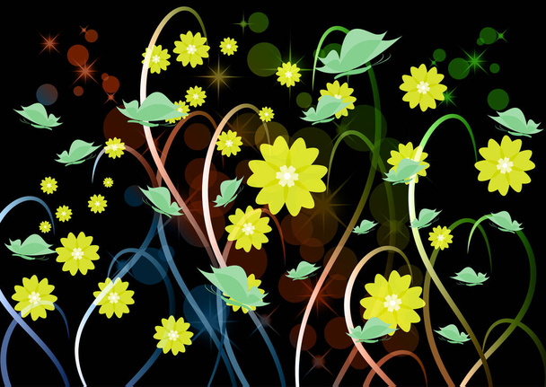Bright floral ornament with butterflies on a dark background .Vector illustration. - Vektör, Görsel