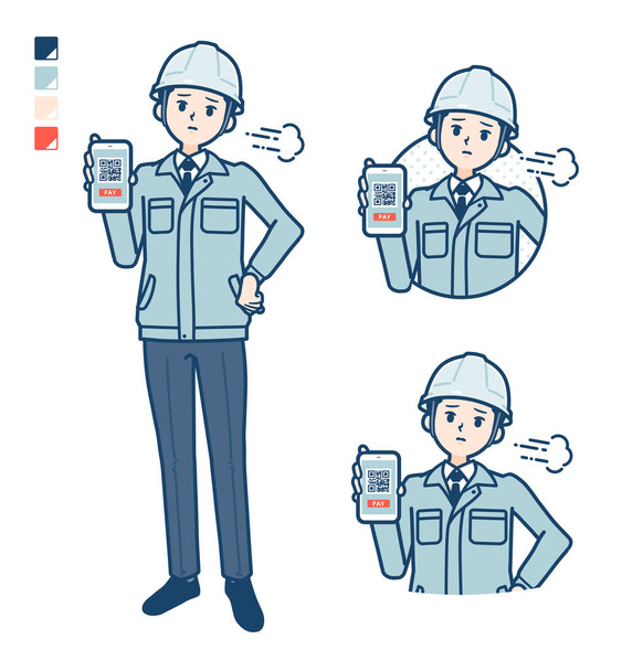 A Man wearing workwear with cashless payment on smartphone Troubled images - Vector, afbeelding