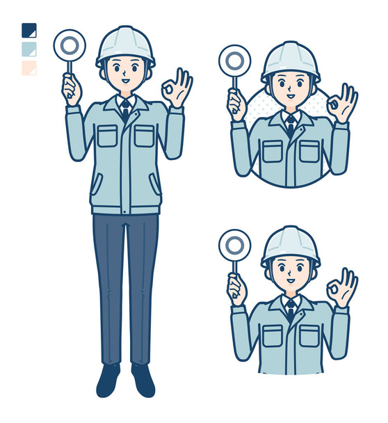 A Man wearing workwear with Put out a circle panel image - Vector, afbeelding