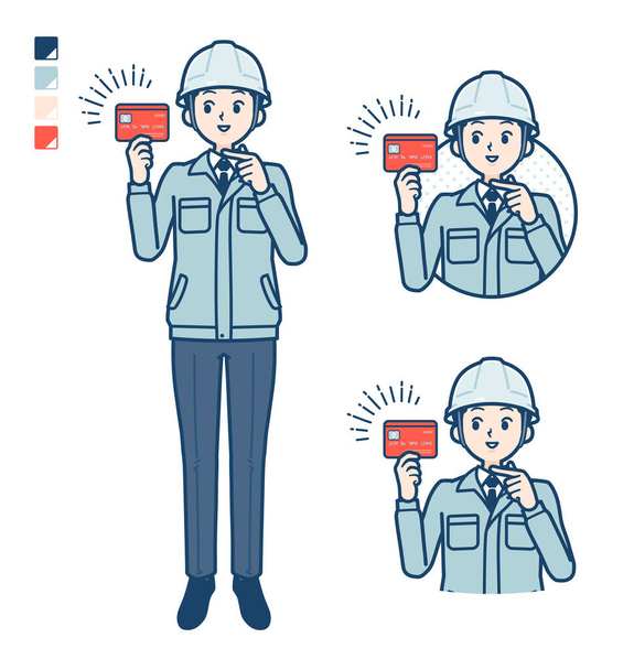 A Man wearing workwear with pointing at credit card images - Vetor, Imagem