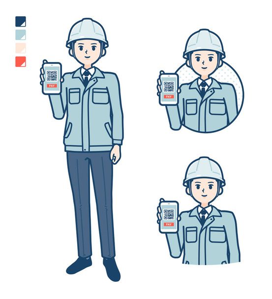 A Man wearing workwear with cashless payment on smartphone images - ベクター画像