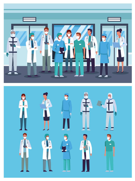 grupo de médicos personal con máscara médica en los lugares del hospital
 - Vector, Imagen