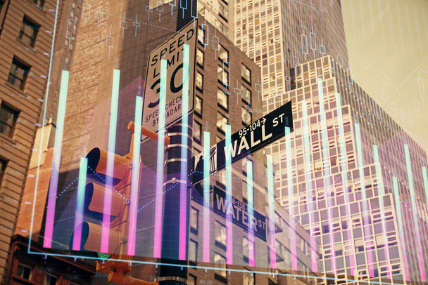 Forex chart on cityscape with tall buildings background multi exposure. Financial research concept. - 写真・画像