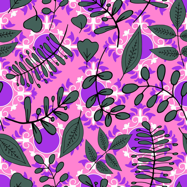 Ramas verdes sobre fondo geométrico. Plantas abstractas aisladas sobre fondo rosa lila. Patrón sin costura
. - Vector, imagen