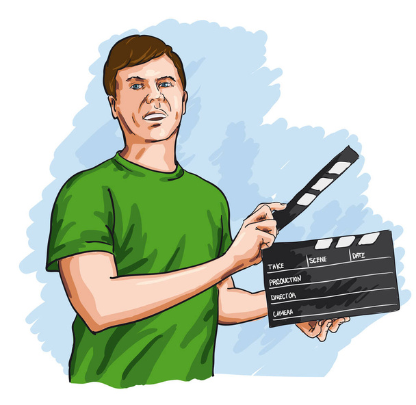 Homem com filme Clapper, vetor sobre um fundo branco
 - Vetor, Imagem