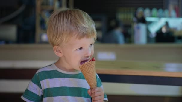 kleiner charmanter Junge isst mit Vergnügen süßes, gesundes Sommerdessert, männliches Kind leckt Eis, während es sich im Restaurant entspannt - Filmmaterial, Video
