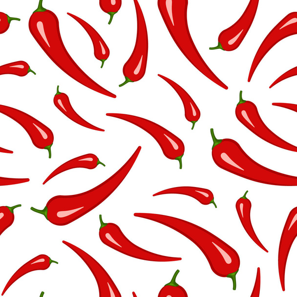 Red chili pepper seamless background. Pattern chili papper. Spicy fresh vegetable, healthy cooking ingredient. Ripe hot red chili peppers. Vector flat - Vector, imagen
