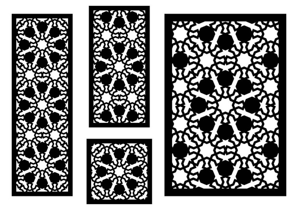 Muralla decorativa árabe islámica, pantalla, patrón de panel con estrellas. Kit de plantilla vectorial. Set de paneles vectoriales decorativos para corte por láser. Plantilla para partición interior en estilo arabesco - Vector, imagen