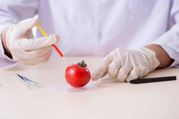 Expert op het gebied van mannelijke voeding die levensmiddelen in het lab test - Foto, afbeelding
