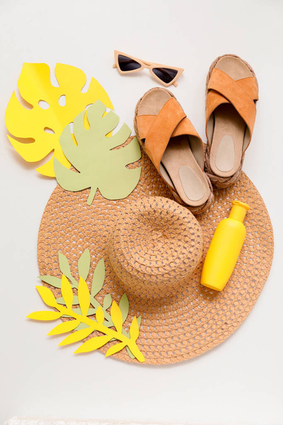 Composition with beach accessories on white background - Fotó, kép