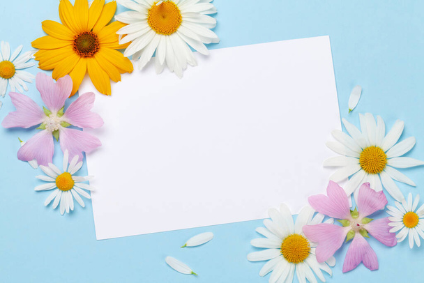 Cadre de fleurs de jardin sur fond bleu. Carte de vœux floral. Vue du dessus plat avec espace de copie - Photo, image