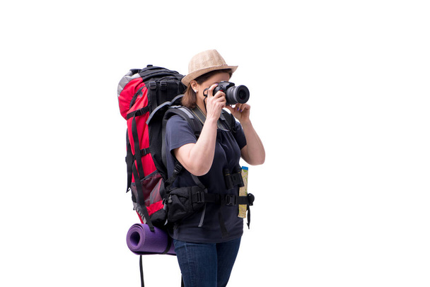Turista femenina envejecida aislada en blanco - Foto, imagen
