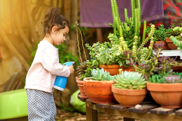 Candid cozy image cute child, little gardener sprinkling plants. Young sweet girl sprays succulent and cactus on summer courtyard garden. - Foto, imagen