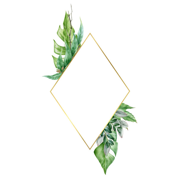 Зелений лист із золотою рамкою розташування акварельної ілюстрації. Евкаліпт, листя Монстери в елегантній декоративній рамці. Пишний тропічний квітковий зелений декор для весілля ізольований на білому тлі
 - Фото, зображення