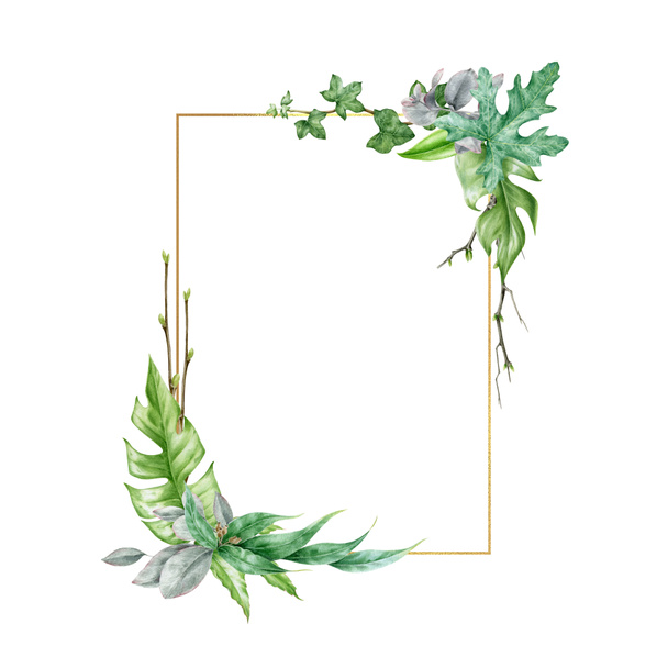 Uspořádání zelených listů se zlatým rámečkem akvarelu. Eukalyptus, listí monstra v elegantním dekorativním rámu. Bujné tropické květinové zeleně dekor pro svatbu izolované na bílém pozadí - Fotografie, Obrázek