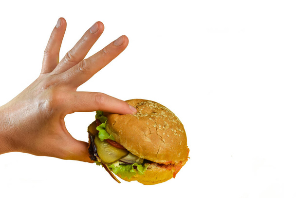 Mano sostiene un sándwich con carne, queso, tomates, cebollas, pepinos y ensalada sobre un fondo blanco
 - Foto, Imagen