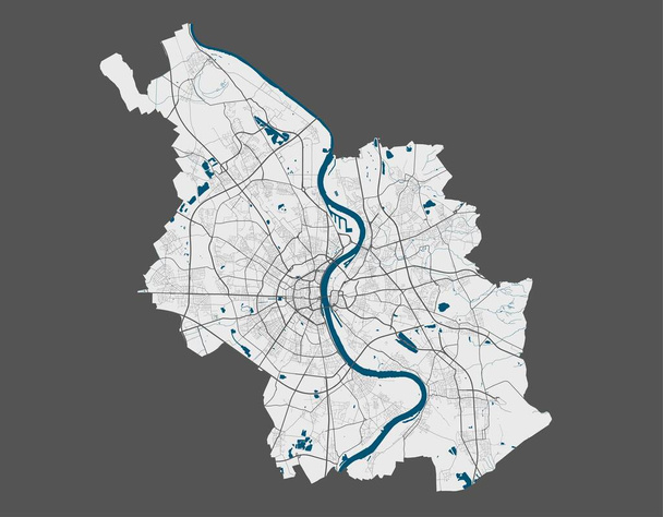 Mapa de Colónia. Mapa vetorial detalhado da área administrativa da cidade de Colônia. Cartaz com ruas e água sobre fundo cinza
. - Vetor, Imagem
