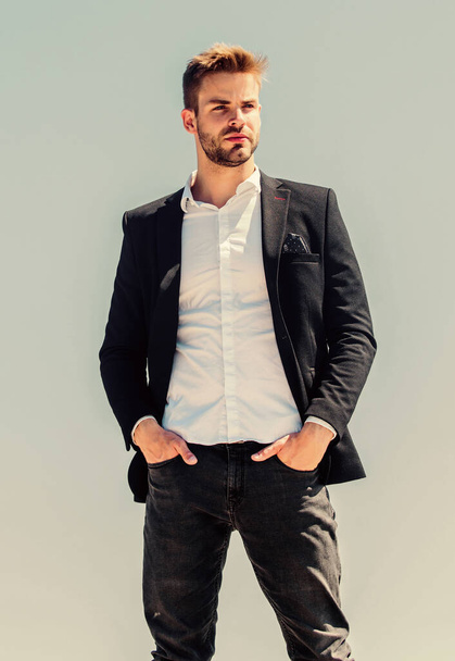 Great job. successful employer. success concept. Bearded guy business style. confident businessman. Handsome man fashion model. formal male fashion. modern lifestyle. sexy macho man. male grooming - Photo, image
