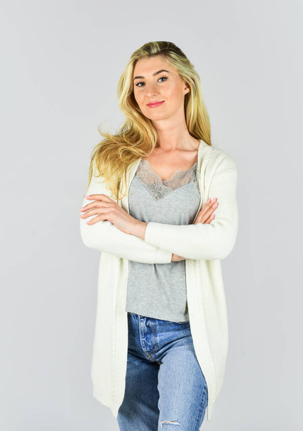 Female beauty. Fashion collection. Looking trendy. Pretty woman feeling comfy. Fashion and beauty. Femininity concept. Fashion model. Attractive blonde. Clothes shop. Clothes store. Female outfit - Zdjęcie, obraz