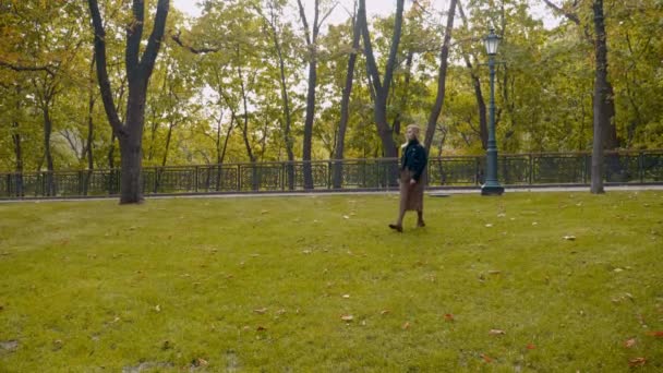 Mujer feliz chaqueta negra, falda de leopardo camina en el parque, gira con felicidad
 - Metraje, vídeo