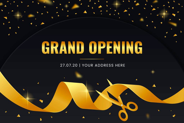 Elegant grand opening background with a black background and golden ribbon - Vector, Image