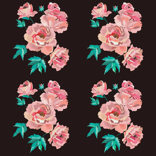 O padrão com a imagem de belas flores de rosas reunidas em um buquê em um fundo preto
. - Vetor, Imagem