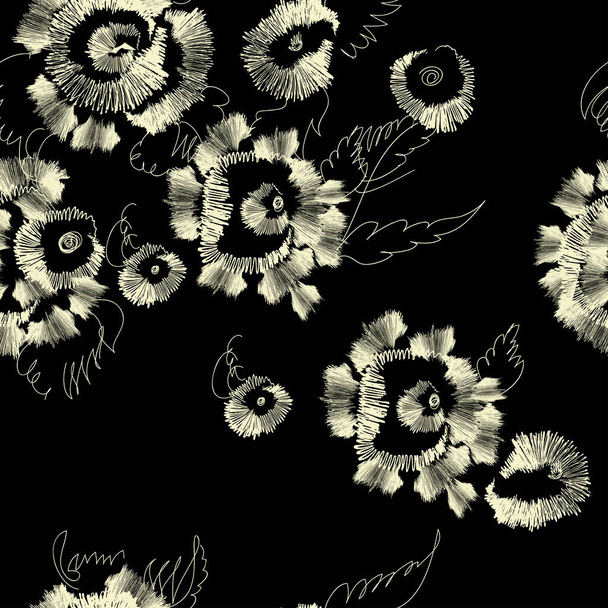 Abstrakcyjny bezszwowy wzór kwiatowy ze stylizowanym wizerunkiem kwiatów róży, imitacja haftu na tkaninie. barwy monochromatyczne. - Wektor, obraz