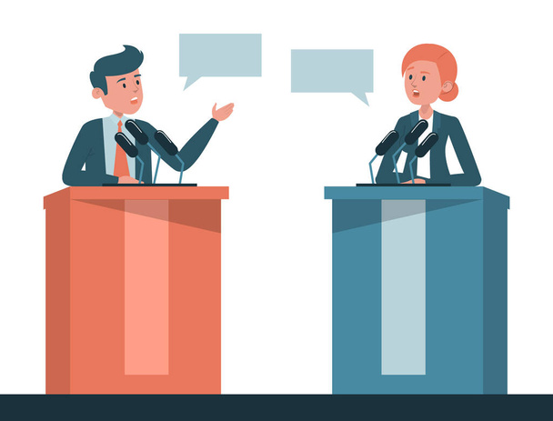 Poitical debate vector isolated. Two candidates on discussion,presidential election in USA. Man and woman at the microphone on tribune. - Vector, Image