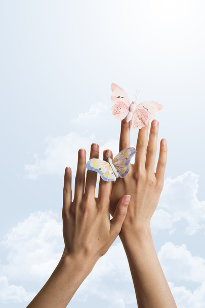 空の手に 2 つの蝶två fjärilar på händer över himlen - 写真・画像
