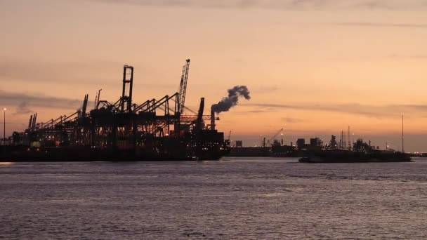Frachtschiffe beladen Container im internationalen Frachthafen während des Sonnenuntergangs mit Stratokumuluswolken mit glänzenden Wellen und rotem Himmel in Rotterdam, Niederlande - Filmmaterial, Video