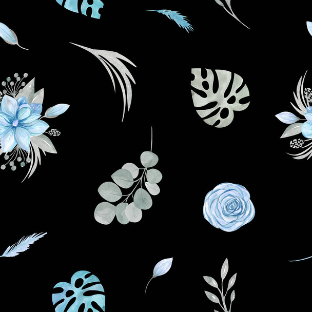 Watercolor Seamless pattern of Floral blue flowers and greenery on a black background. Rose Magnolia Leaves, Tropical leaves, the Branch of eucalyptus. Botanical elements - Photo, Image