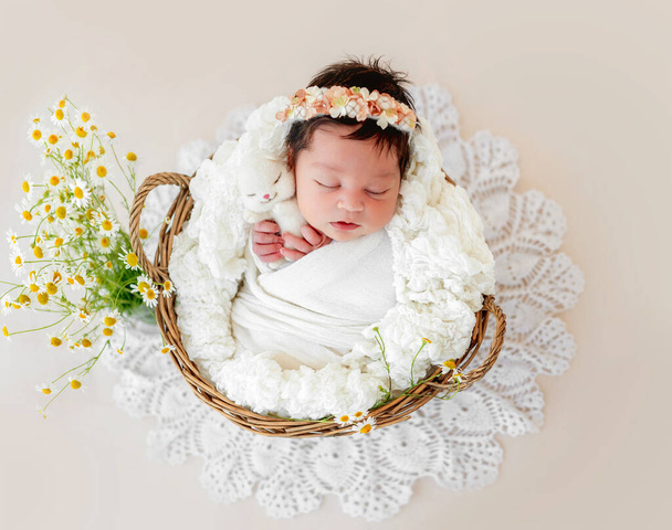 Adorable newborn sleeping in basket - Valokuva, kuva