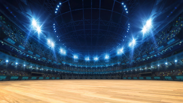 Estadio deportivo con tribunas llenas de aficionados, luces de noche brillantes y cubierta de madera. Ilustración digital 3D del estadio deportivo para uso de fondo
. - Foto, imagen