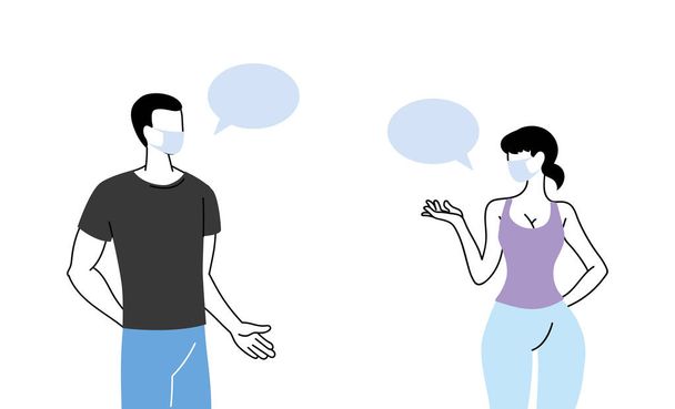 Paar mit Maske redet durch Blase - Vektor, Bild