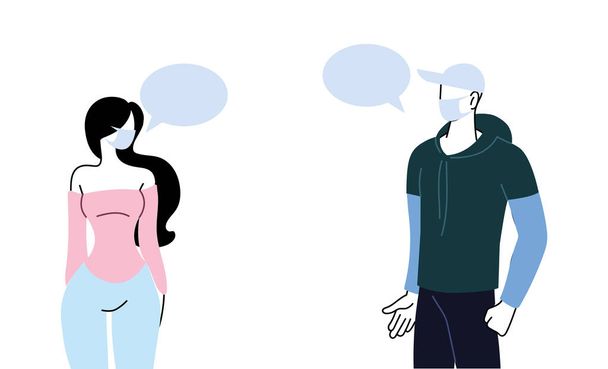 couple with mask talking by bubble - Vector, Image