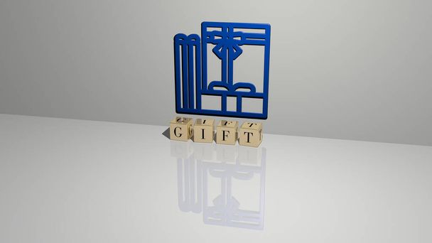 3D illustratie van geschenken en tekst gemaakt door metalen dobbelstenen letters voor de daarmee samenhangende betekenissen van het concept en wrok. achtergrond en kerst - Foto, afbeelding