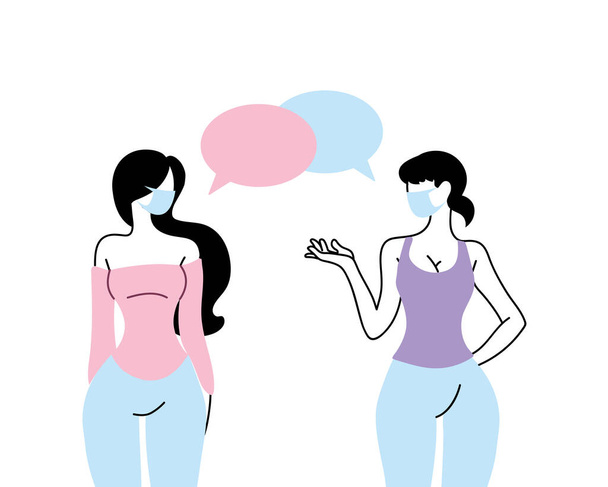 women with mask talking by bubble - Vector, Image