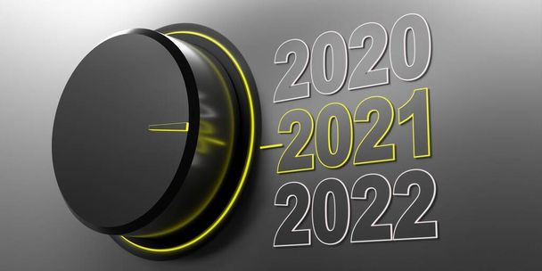 Изменение 2021 года. Ручка черного цвета для поворотного выключателя и желтой шкалы на сером фоне, текстура. Измеритель указывает на число 2021. Баннер. 3d иллюстрация
 - Фото, изображение