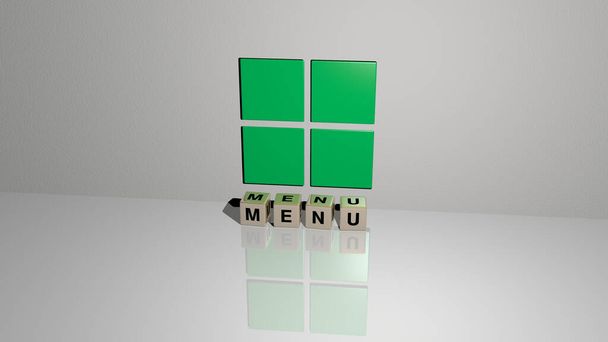 3D представление меню с иконкой на стене и текстом, упорядоченным металлическими кубическими буквами на зеркальном полу для представления концепции и слайд-шоу. иллюстрация и фон - Фото, изображение