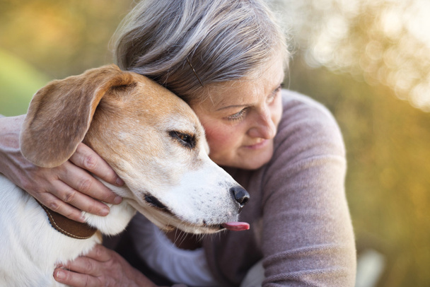 Active senior woman hugs dog - Photo, image