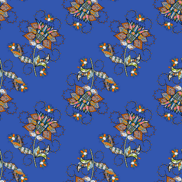 Χαριτωμένο μοτίβο λουλουδιών στο μικρό λουλούδι. Αφηρημένη αδιάλειπτη μοτίβο σε πορτοκαλί, μαύρο και μπλε χρώματα με φωτεινά λουλούδια. Κομψή διανυσματική υφή με floral στοιχεία. - Διάνυσμα, εικόνα