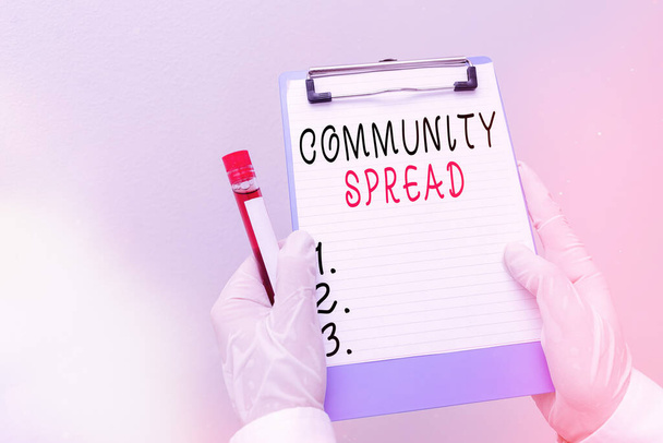 Rukopisný text Community Spread. Koncepce znamená šíření vysoce nakažlivé nemoci v místní oblasti Laboratorní vzorek krve pro lékařské diagnostické analýzy výsledek. - Fotografie, Obrázek