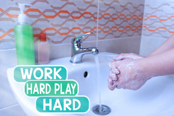Conceptual hand writing showing Work Hard Play Hard. Business photo text diligent in any activity Party at weekends Hardworking Handwashing procedures for minimizing bacterial growth. - Photo, Image