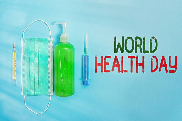A szöveg az Egészségügyi Világnapot mutatja. Fogalmi fotó globális egészségügyi tudatosság nap ünneplik minden évben 7 Április Elsődleges orvosi óvintézkedések egészségügyi védelem. - Fotó, kép