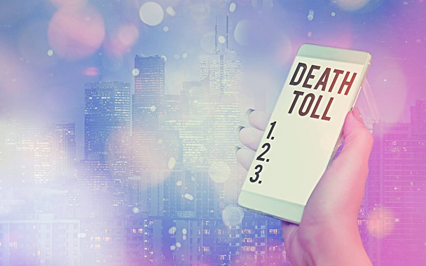 Writing note showing Death Toll. Business photo showcasing the number of deaths resulting from a particular incident Modern gadgets white screen under colorful bokeh background. - Photo, Image